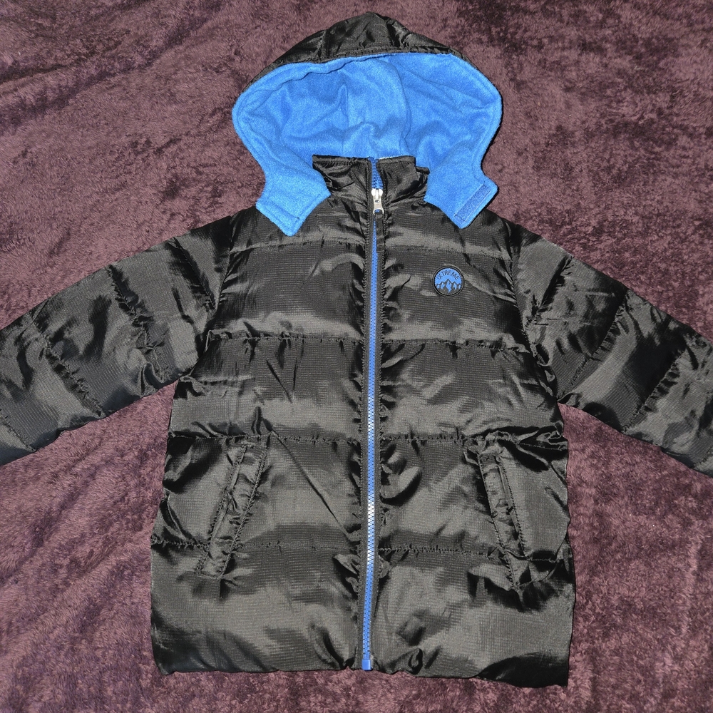 Black Puffer Jacket with Blue Hood